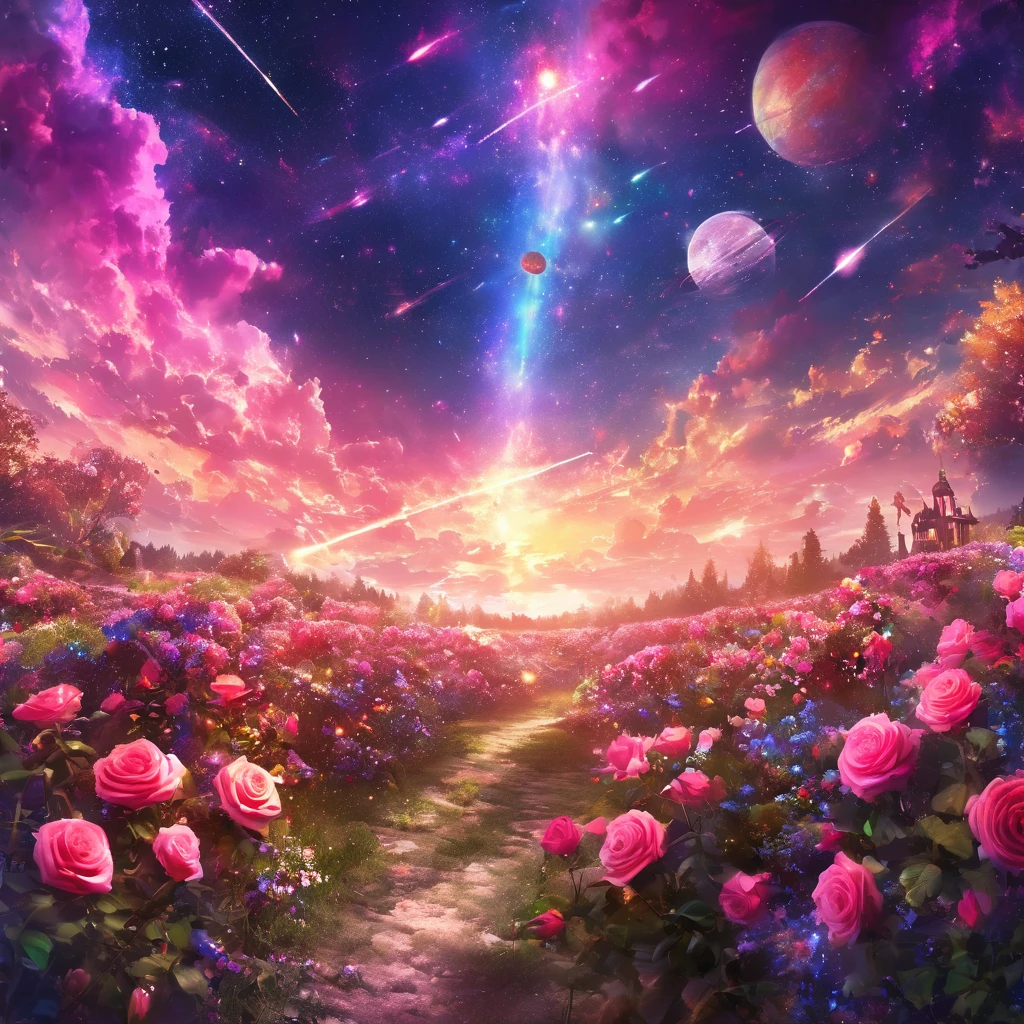 masterpiece, concept art, panorama, in the center, figure, wide shot, flower garden, night, (Meteors), Space galaxy background, (magnificent composition, epic proportions), dynamic lighting, Bright colors, pink roses,landscape