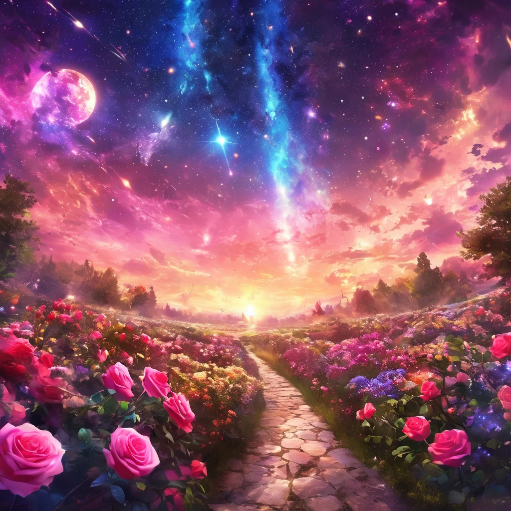 masterpiece, concept art, panorama, in the center, figure, wide shot, flower garden, night, (Meteors), Space galaxy background, (magnificent composition, epic proportions), dynamic lighting, Bright colors, pink roses,landscape