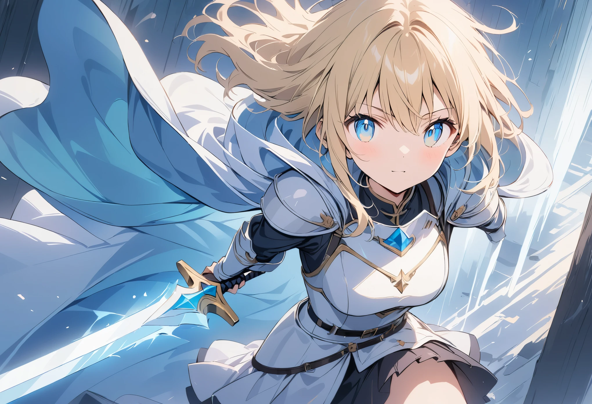 (anime style:1.4),超High resolution, Attention to detail, high quality, High resolution, 最high quality, 4K, 8K,Poster、artwork、female knight、White armor with blue lines、Blonde、Aquamarine Eyes、Swing the one-handed sword in your right hand back、Deathblow、Charge one-handed sword、A pale blue aura surrounds the body.,きれいなエフェクト