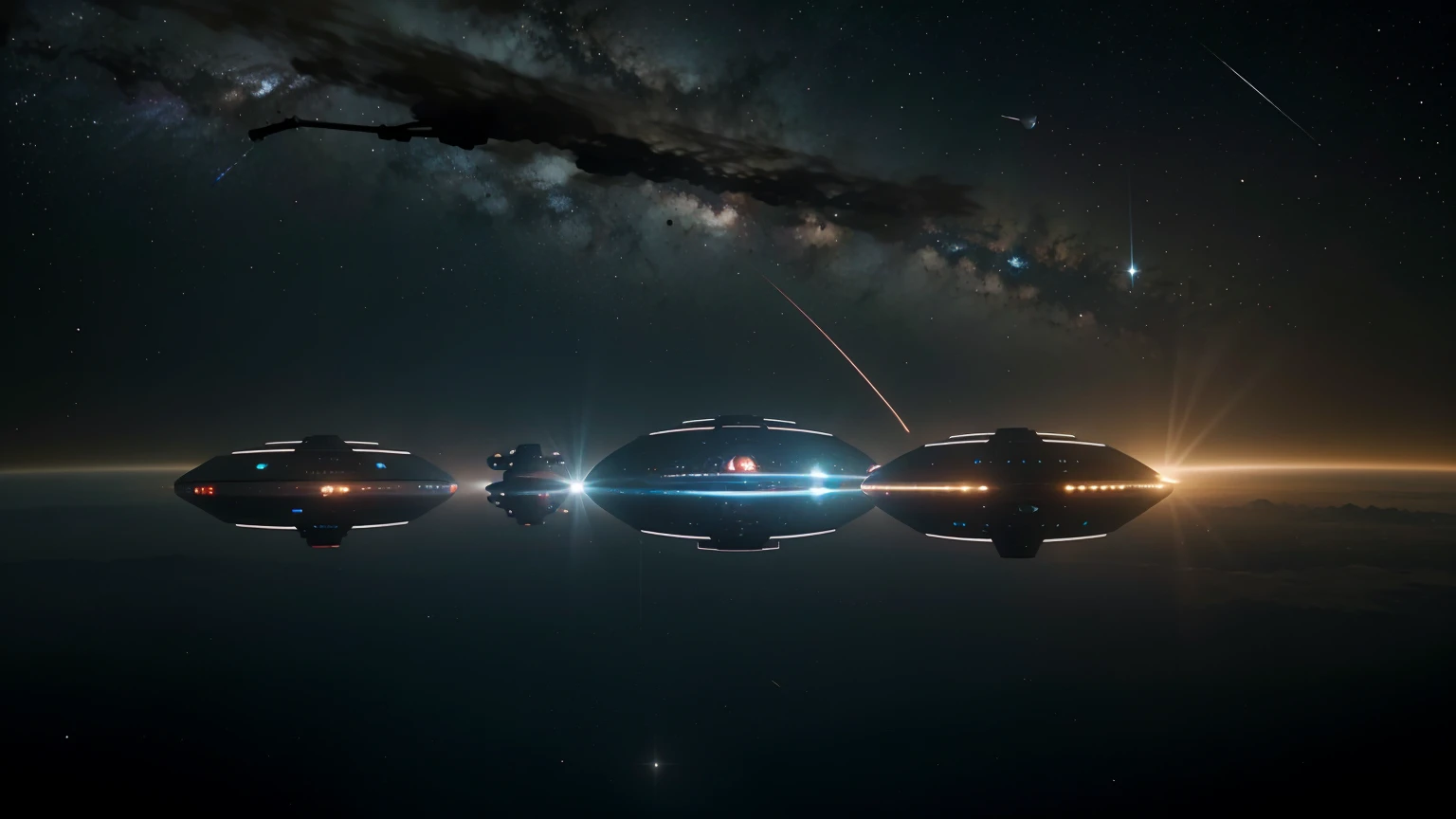 Illustrate three distinct alien spaceships in different parts of the universe. One is stationary, hovering in space with Earth visible in the background. The second is speeding away from Earth, leaving a trail of light, and the third is approaching Earth with Mars and Venus faintly visible. Each spaceship should look unique to emphasize different alien civilizations. Style: Detailed sci-fi, showcasing the vastness of space and different “nows” experienced by each spaceship.