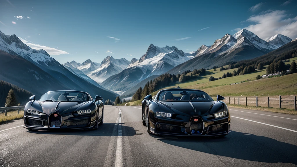 Create a maximum quality image, with advanced details and cinematic style, depicting a black and orange Bugatti Chiron Sport convertible against a stunning backdrop of the Swiss mountains. The scene is expected to capture the fusion of automotive luxury and natural beauty. The Bugatti, with its black body and orange details, must be represented in the foreground, highlighting its aerodynamic design and elegant lines. Ao fundo, the majestic Swiss mountains must stretch beneath a clear blue sky, with snow-capped peaks and green valleys that emphasize the grandeur of the environment. Lighting should be soft and realistic, with the sun casting subtle reflections on the surface of the Bugatti and the surrounding mountainous landscapes. The overall atmosphere should evoke a feeling of adventure and exclusivity, as if it were a scene from a movie that combines the best of the automotive world with the untouched beauty of alpine nature