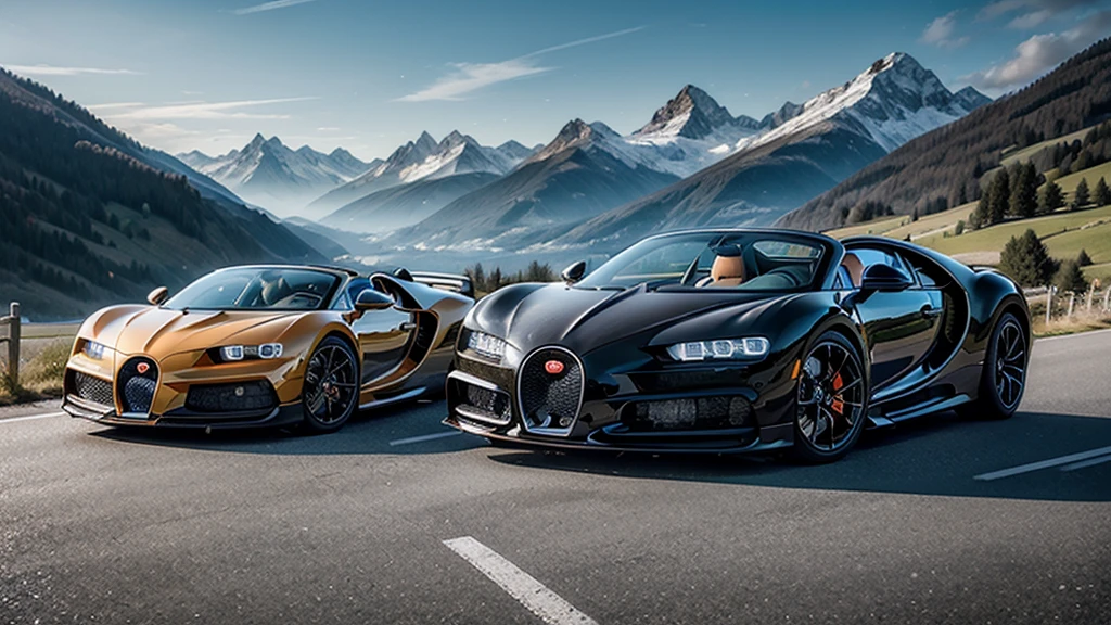Create a maximum quality image, with advanced details and cinematic style, depicting a black and orange Bugatti Chiron Sport convertible against a stunning backdrop of the Swiss mountains. The scene is expected to capture the fusion of automotive luxury and natural beauty. The Bugatti, with its black body and orange details, must be represented in the foreground, highlighting its aerodynamic design and elegant lines. Ao fundo, the majestic Swiss mountains must stretch beneath a clear blue sky, with snow-capped peaks and green valleys that emphasize the grandeur of the environment. Lighting should be soft and realistic, with the sun casting subtle reflections on the surface of the Bugatti and the surrounding mountainous landscapes. The overall atmosphere should evoke a feeling of adventure and exclusivity, as if it were a scene from a movie that combines the best of the automotive world with the untouched beauty of alpine nature