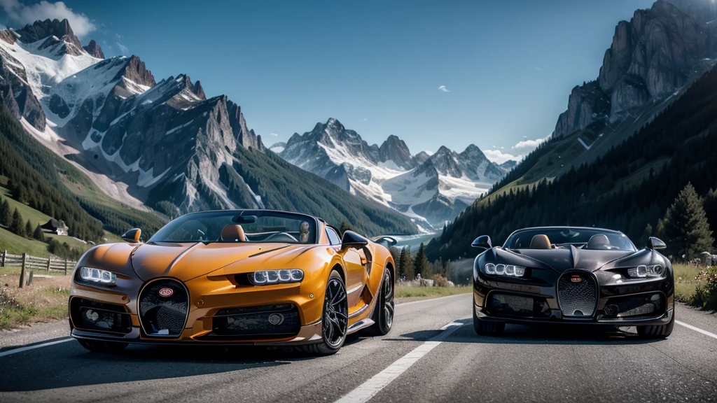Create a maximum quality image, with advanced details and cinematic style, depicting a black and orange Bugatti Chiron Sport convertible against a stunning backdrop of the Swiss mountains. The scene is expected to capture the fusion of automotive luxury and natural beauty. The Bugatti, with its black body and orange details, must be represented in the foreground, highlighting its aerodynamic design and elegant lines. Ao fundo, the majestic Swiss mountains must stretch beneath a clear blue sky, with snow-capped peaks and green valleys that emphasize the grandeur of the environment. Lighting should be soft and realistic, with the sun casting subtle reflections on the surface of the Bugatti and the surrounding mountainous landscapes. The overall atmosphere should evoke a feeling of adventure and exclusivity, as if it were a scene from a movie that combines the best of the automotive world with the untouched beauty of alpine nature