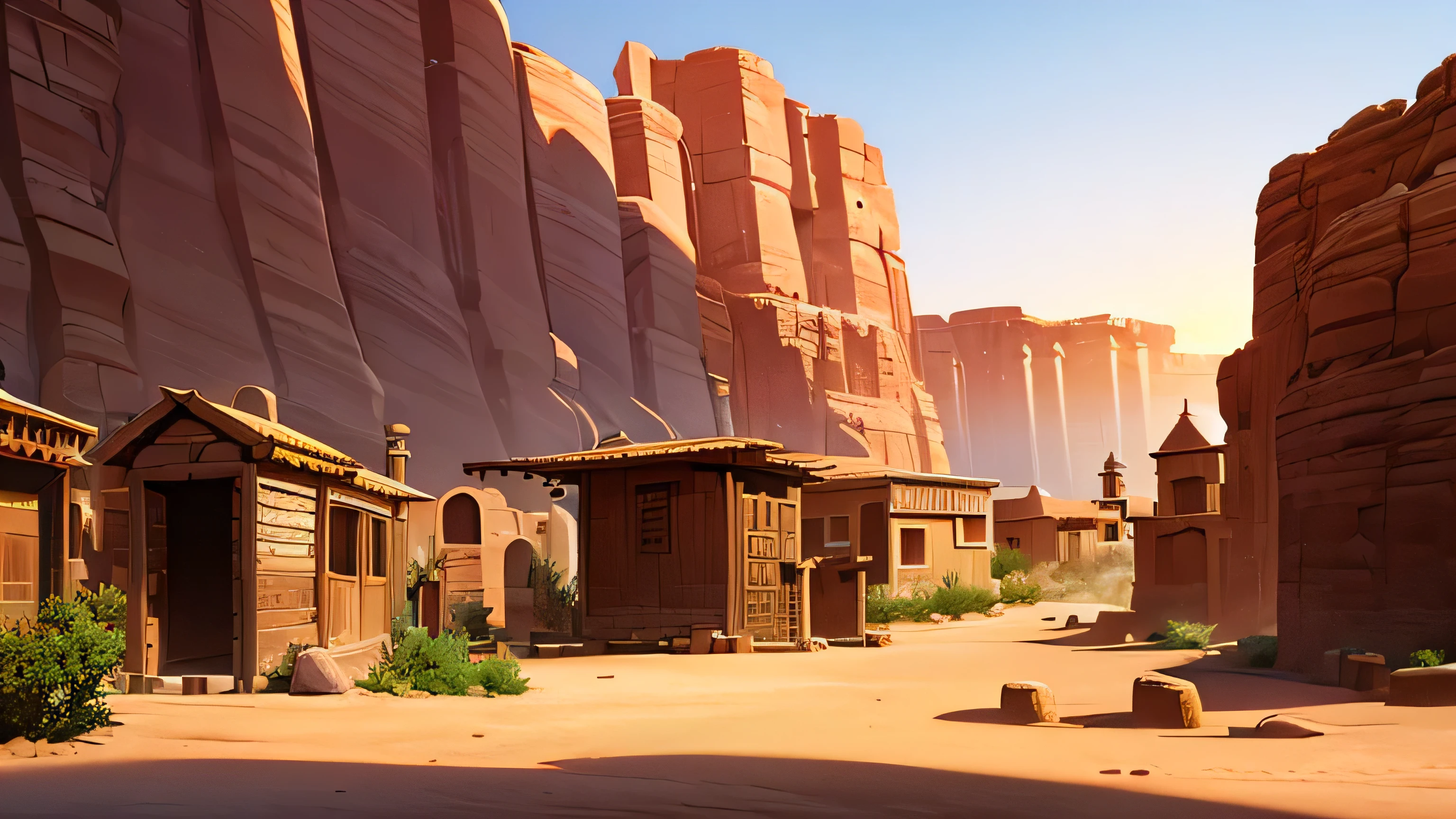 a sandstone village in the desert, detailed sandstone architecture, narrow winding streets, small adobe houses, scorching desert sun, blowing sand, ancient ruins, mystical atmosphere, vivid colors, dramatic lighting, 8k, ultra-detailed, realistic, photorealistic, masterpiece, professional digital art