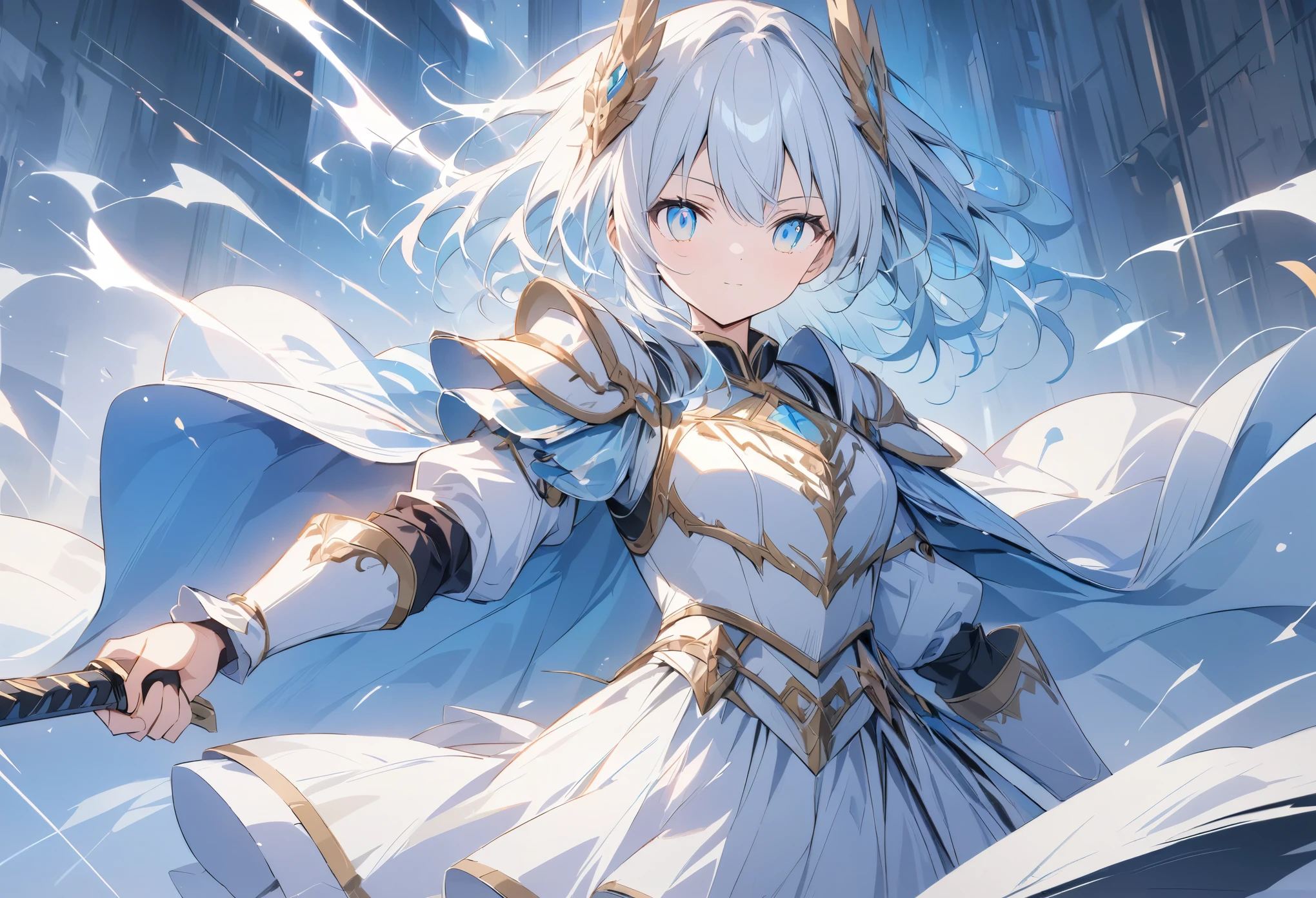 (anime style:1.4),超High resolution, Attention to detail, high quality, High resolution, 最high quality, 4K, 8K,posters、artwork、female knight、White armor with blue lines、bionde、Aquamarine Eyes、Swing the one-handed sword in your right hand back、Deathblow、Charge one-handed sword、A pale blue aura surrounds the body.,A pale white effect all over the body