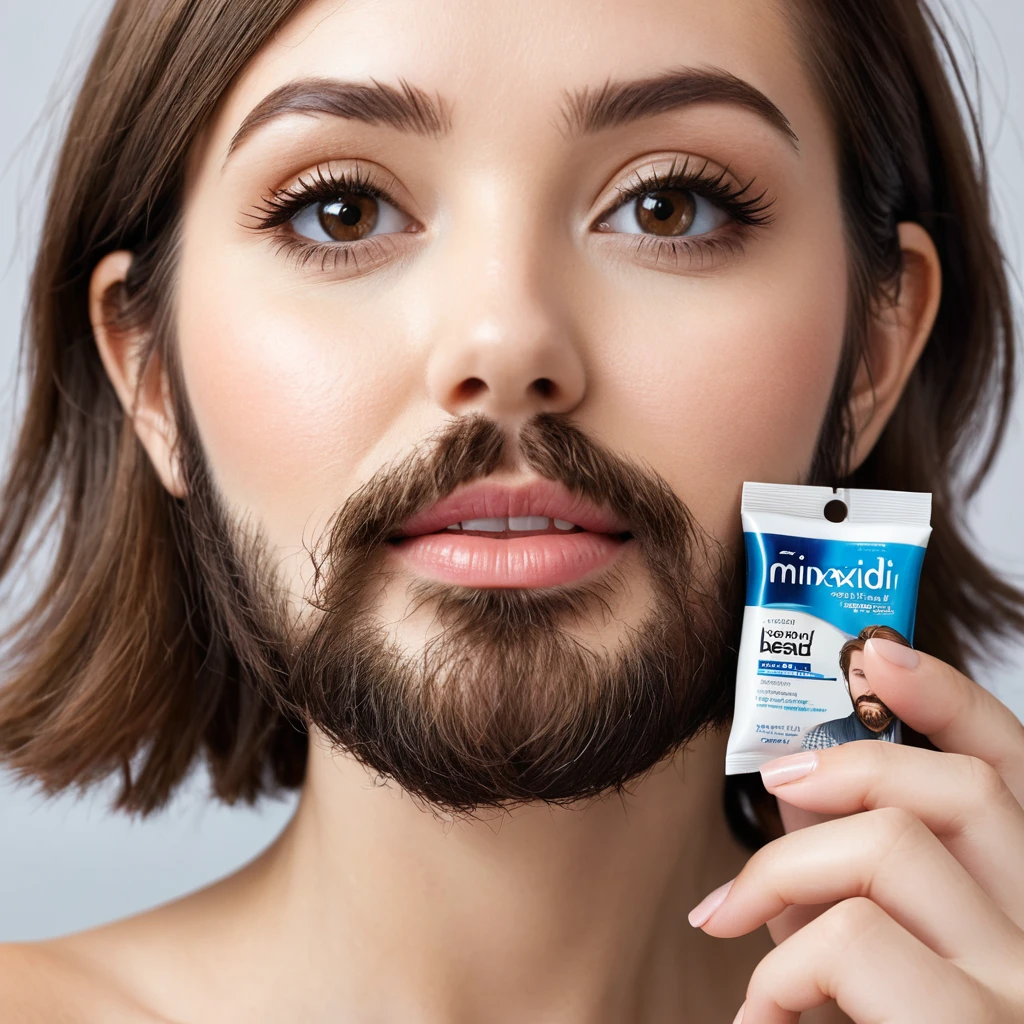 
bearded woman, cheek hair, neck hair, shaggy, brown hair, hold a pack of minoxidil beard