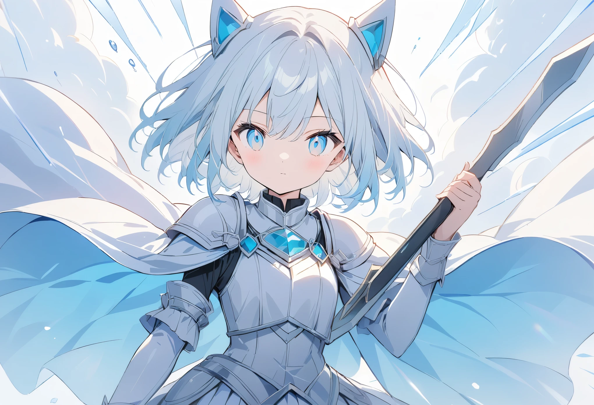 (anime style:1.4),超High resolution, Attention to detail, high quality, High resolution, 最high quality, 4K, 8K,posters、artwork、female knight、White armor with blue lines、bionde、Aquamarine Eyes、Swing the one-handed sword in your right hand back、Deathblow、Charge one-handed sword、A pale blue aura surrounds the body.,A pale white effect all over the body