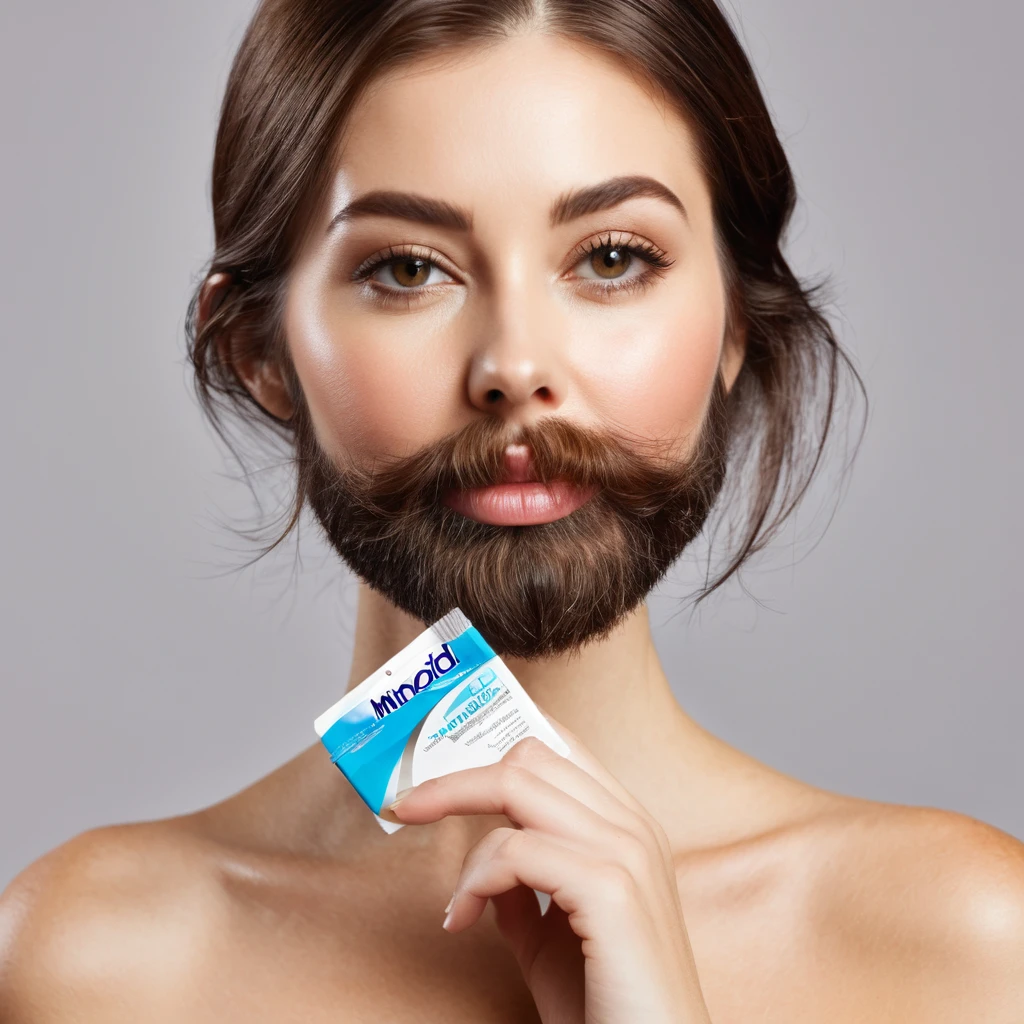 bearded woman, cheek hair, neck hair, shaggy, brown hair, hold a pack of minoxidil beard
