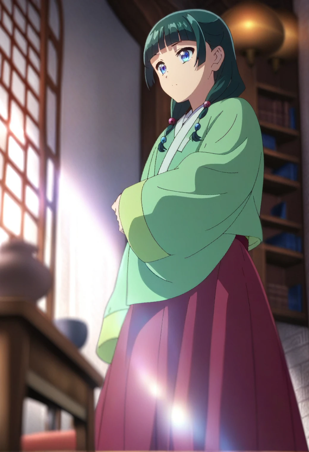 1girl, maomao, solo, green hair, long hair, blue eyes, BREAK
blurry foreground, bookshelf, ceiling, closed mouth, depth of field, light green hanfu, default clothes, chinese clothes, long sleeves, wide sleeves, red hakama, default hairstyle, sidelocks, blunt bangs, hair beads, hair over shoulder, standing, low twintails, BREAK
score_9, score_8_up, score_7_up, score_6_up, anime, BREAK
(high quality, detailed, beautiful), shiny, detailed beautiful eyes, outstanding, countershading, detailed soft lighting