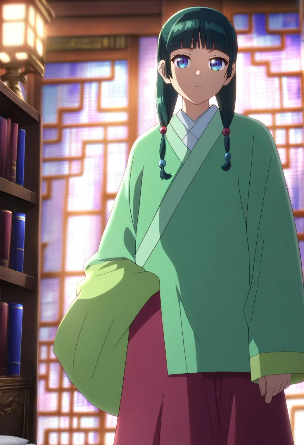 1girl, maomao, solo, green hair, long hair, blue eyes, BREAK
blurry foreground, bookshelf, ceiling, closed mouth, depth of field, light green hanfu, default clothes, chinese clothes, long sleeves, wide sleeves, red hakama, default hairstyle, sidelocks, blunt bangs, hair beads, hair over shoulder, standing, low twintails, BREAK
score_9, score_8_up, score_7_up, score_6_up, anime, BREAK
(high quality, detailed, beautiful), shiny, detailed beautiful eyes, outstanding, countershading, detailed soft lighting