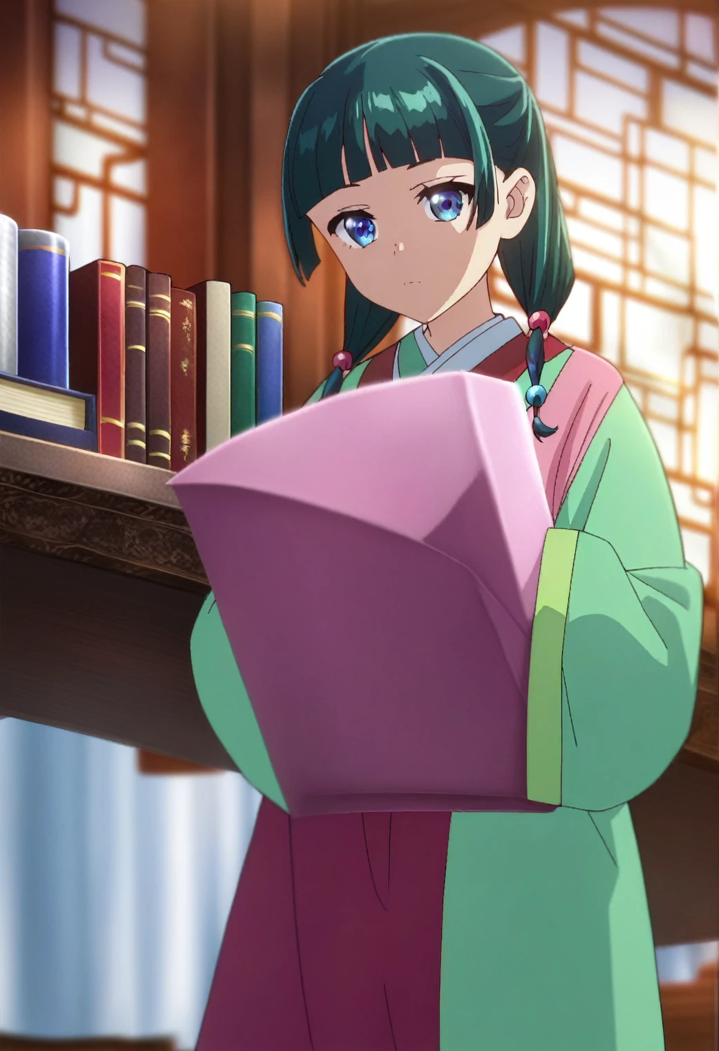 1girl, maomao, solo, green hair, long hair, blue eyes, BREAK
blurry foreground, bookshelf, ceiling, closed mouth, depth of field, light green hanfu, default clothes, chinese clothes, long sleeves, wide sleeves, red hakama, default hairstyle, sidelocks, blunt bangs, hair beads, hair over shoulder, standing, low twintails, BREAK
score_9, score_8_up, score_7_up, score_6_up, anime, BREAK
(high quality, detailed, beautiful), shiny, detailed beautiful eyes, outstanding, countershading, detailed soft lighting