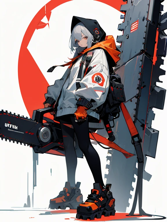 absurdres, highres, ultra detailed,
1girl,oversized hooded jacket,full body,
holding mechanical chainsaw,