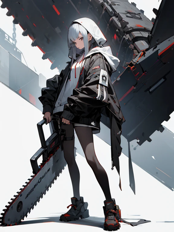 absurdres, highres, ultra detailed,
1girl,oversized hooded jacket,full body,
holding mechanical chainsaw,