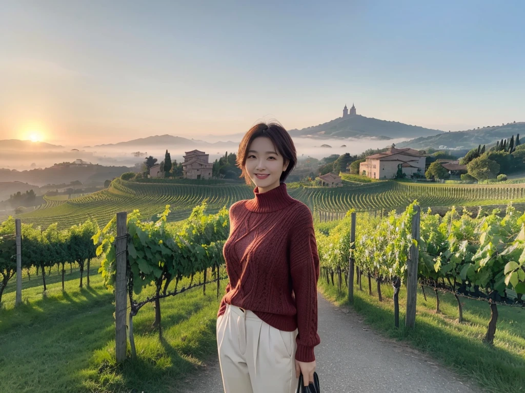 8k best picture quality, Beautiful 36-year-old Korean woman, clear and nice weather. Chest size 34 inches, Dense fog at dawn in the Italian countryside, past the vineyard, The cathedral is visible in the fog in the distance., The back background is realistic and vivid image quality, Short and medium hair blowing in the wind, Wearing high-end luxury knitwear. casual pants, Smile. the background is clear, Short and slim Korean woman, stand far away, Photo taken with a wide-angle lens, The red sun rises