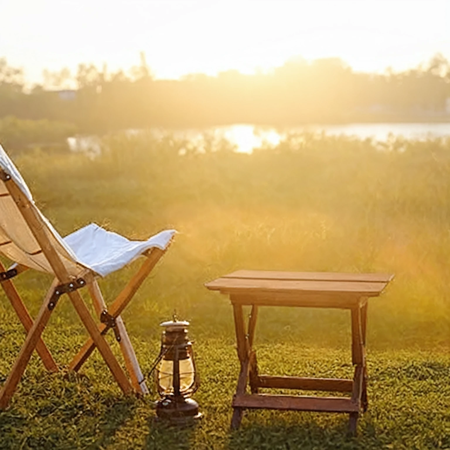 There is a chair, a table and a lantern on the grass by the water, Summer environment, Summer lake view, Week setting, Summer Afternoon, relaxing environment, Relaxed atmosphere, Prime hour in the morning, Peaceful environment, Sunny morning, summer morning light, Warm and beautiful scene, Sunny atmosphere, sunny morning light, afternoon hangout, Outdoor Environment, sunny environment, Peaceful atmosphere, Golden hour sunlight