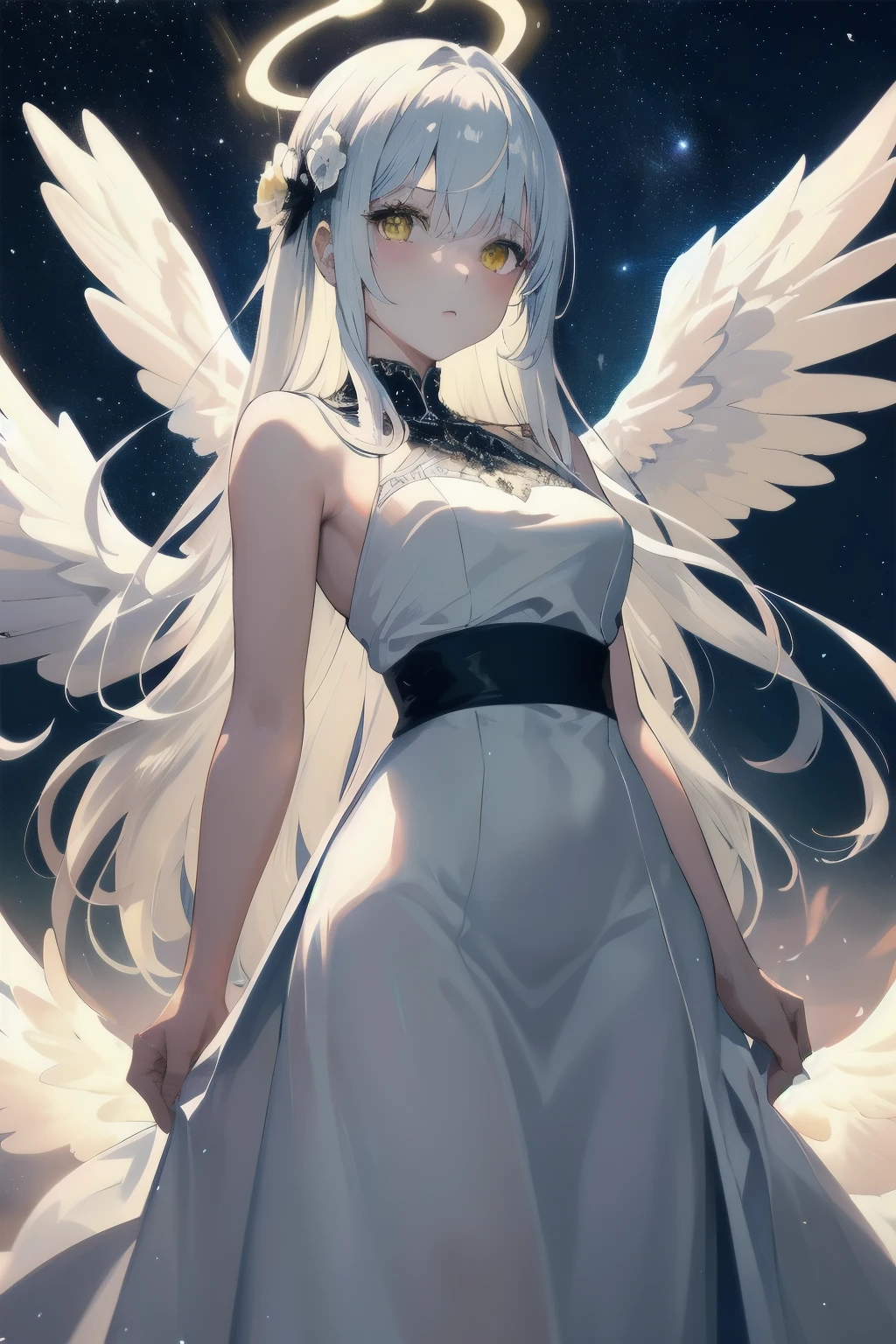 masterpiece, best quality, 1girl, glowing, angel, white hair, long white gown, angelic white gown, elegant design, black fabric waist sash,  jelweries, intricate gown, heavenly gown, long sleeeves, waist sash, angel wings, full lenth skirt, long sleeeves, glowing, yellow eyes, curvy, curly hair, flowing hair, low angle view, cowboy shot, sky background, medium breasts, beautiful sky, clouds, starry sky, angel halo, jelweries, hand on dress, dark blue sky, glowwing:1.2, aurora, 1 hand on hip, blush, hair in the middle