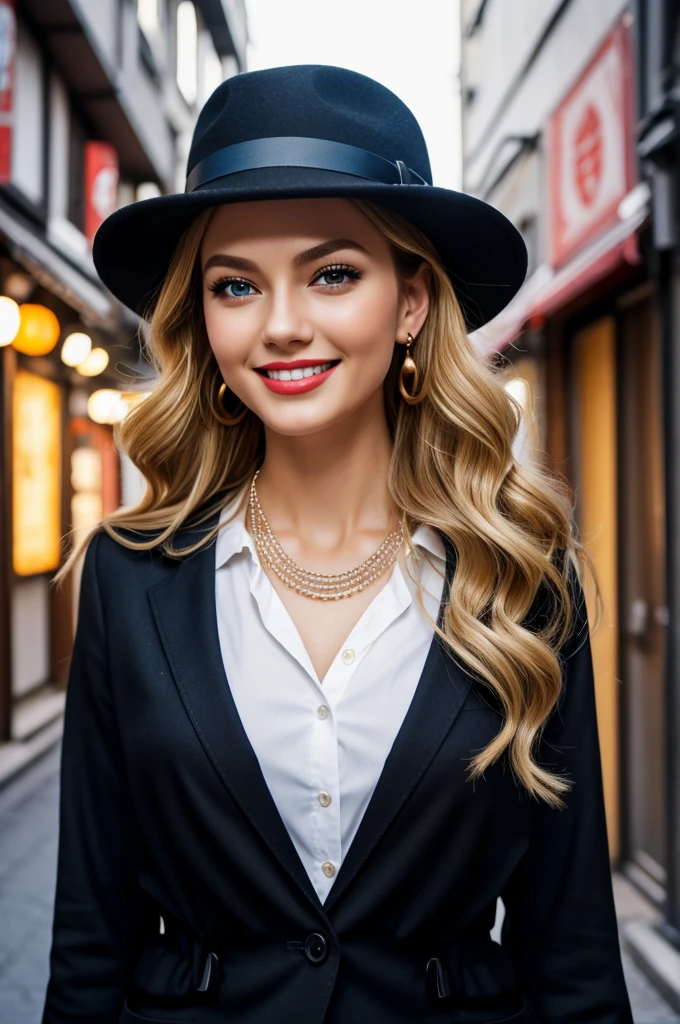 Masterpiece，1 woman，beautiful face, beautiful eyes，beautiful red lips, small face, glowing skin，best quality，masterpiece，（realistic：1.4），uniform，pants，black color，blurred background，  Character focal length，（large aperture：1.2），blonde，long hair，curly，blue eyes，beautiful hat，all smiles，necklace，earrings，Japanese street，nighttime, slender legs  beautiful