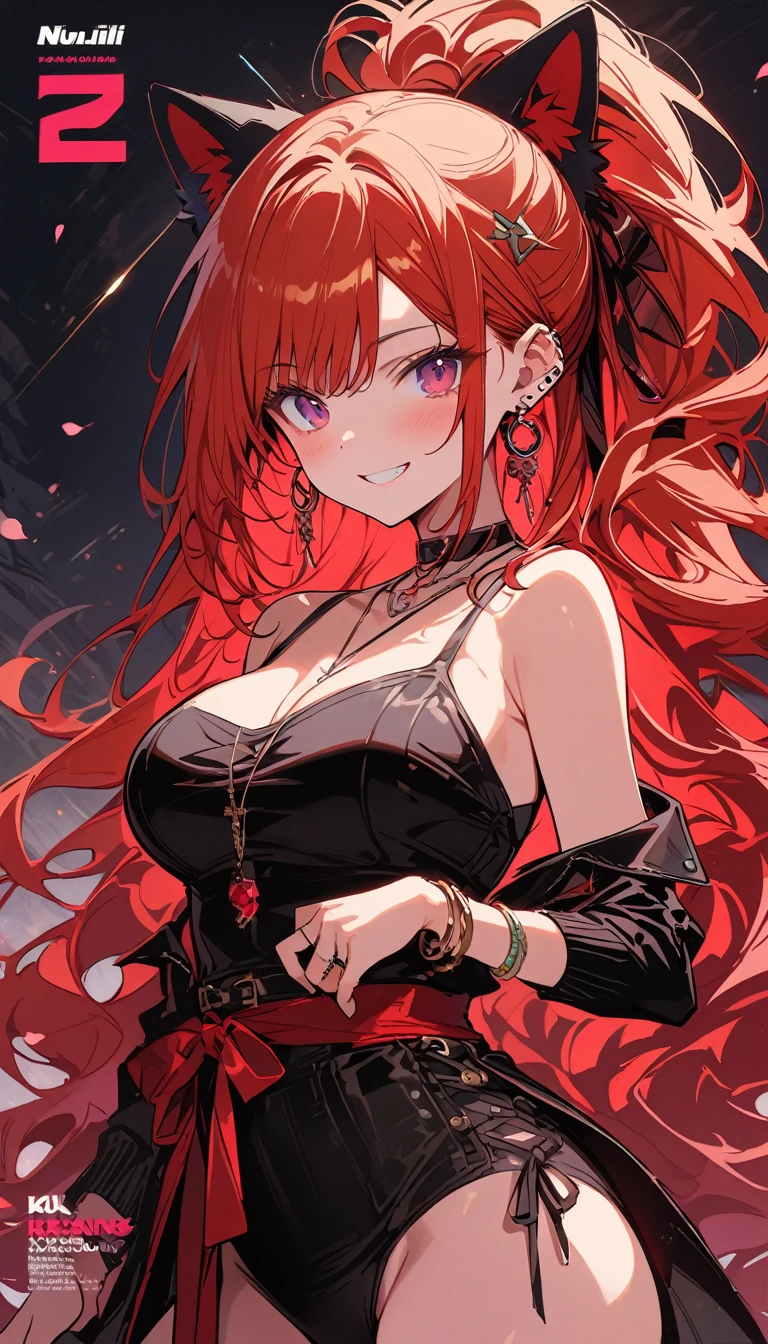 masterpiece, Highest quality, whole body, One girl, bangs, black choker, blush, bracelet, chest, choker, clothes The surrounding area waist, clavicle, Cowboy Shot, ear Earrings, Eyebrows visible through hair, Gradient Hair, Grin, fix, jewelry, Kogal, Long Hair, View Viewer, Earrings, Red eyes, ring, , smile, alone, street, null, cherry blossoms, petal,figure, (magazine:1.3), (cover-style:1.3), fashionable, woman, Vibrant, Pause, front, colorful, dynamic, background, element, have confidence, Performance, Holding, statement, accessories, Majestic, Coiled, The surrounding area, touch, scene, article, cover, bold, to attract attention, title, stylish, font, Catchy, Heading, big, impressive, Modern, trend, concentrated, fashion,((masterpiece)), Highest quality, Absurd, Super detailed, Holographic, Cowboy Shot, ダイナミックなPause, Golden Ratio, Very cute girl, Mature Girls, Very beautiful, Super beautiful asian girl with super beautiful purple eyes, Very beautiful hair, Shiny skin, High Ponytail, nice and sexy body, Slim and delicate body, Perfect body, Cute Panties, Fox Headset, Get your picture taken in a cute alien spaceship,naked,Big Breasts,Sexy