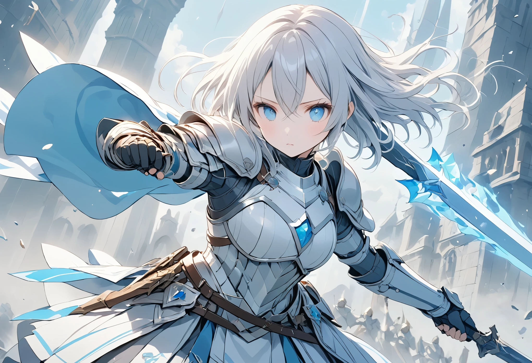 (anime style:1.4),超High resolution, Attention to detail, high quality, High resolution, 最high quality, 4K, 8K,posters、artwork、female knight、White armor with blue lines、bionde、Aquamarine Eyes、Swing the one-handed sword in your right hand back、Deathblow、Charge one-handed sword、A pale blue aura surrounds the body.,A pale white effect all over the body