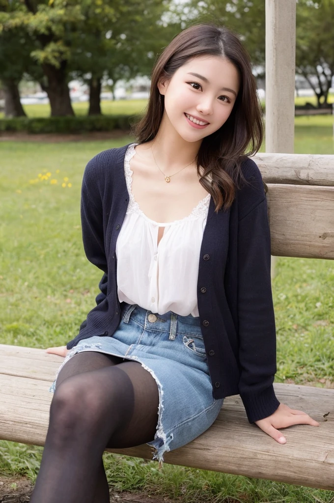 ulzzang-6500-v1.1, (Highest quality: 1.3), (masterpiece: 1.3), (Very detailed: 1.3), (Genuine:1.4), (masterpiece), 1woman、sunlight、Quiet park bench、Midsummer Fashion、(Ultra-realistic pantyhose), amazingly beautiful woman、A kind smile、Romantic love sensation、sense of exaltation、enjoy、Filled with joy、Lots of fun、