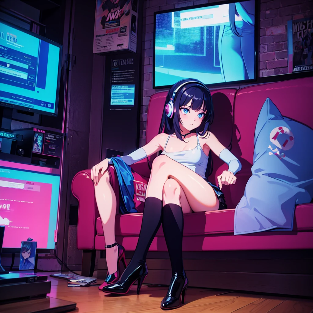 (masterpiece), Highest quality, Expressive eyes, Neon pastel aesthetics, Retro 90s, Neon color,((Girl sitting on sofa,In a cozy room,Records hanging on her wall, Comic books on the floor, Looking out the window behind her at the night city, Upholstered room, Anime figures lined up on a shelf)), Wearing headphones, (All around her it sparkles), (Wearing high socks and heels), (blue eyes), (Soft look), (Synthwave Art Style), Colorful Hair, Desk with PC set up