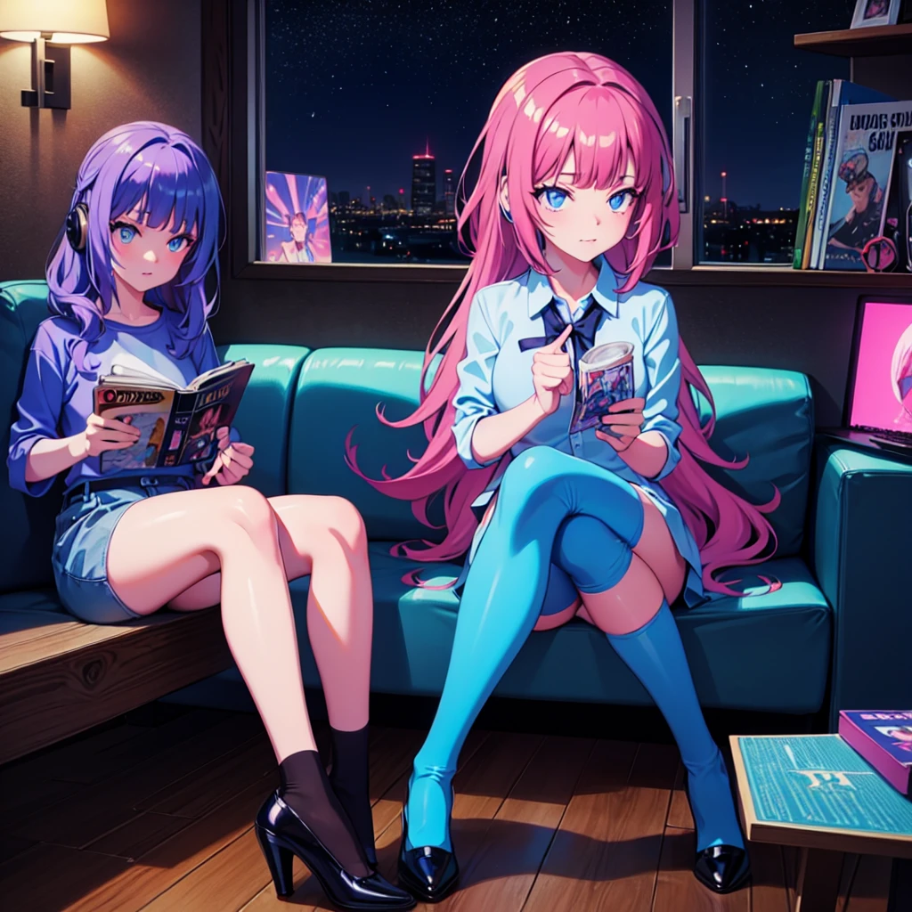 (masterpiece), Highest quality, Expressive eyes, Neon pastel aesthetics, Retro 90s, Neon color,((Girl sitting on sofa,In a cozy room,Records hanging on her wall, Comic books on the floor, Looking out the window behind her at the night city, Upholstered room, Anime figures lined up on a shelf)), Wearing headphones, (All around her it sparkles), (Wearing high socks and heels), (blue eyes), (Soft look), (Synthwave Art Style), Colorful Hair, Desk with PC set up