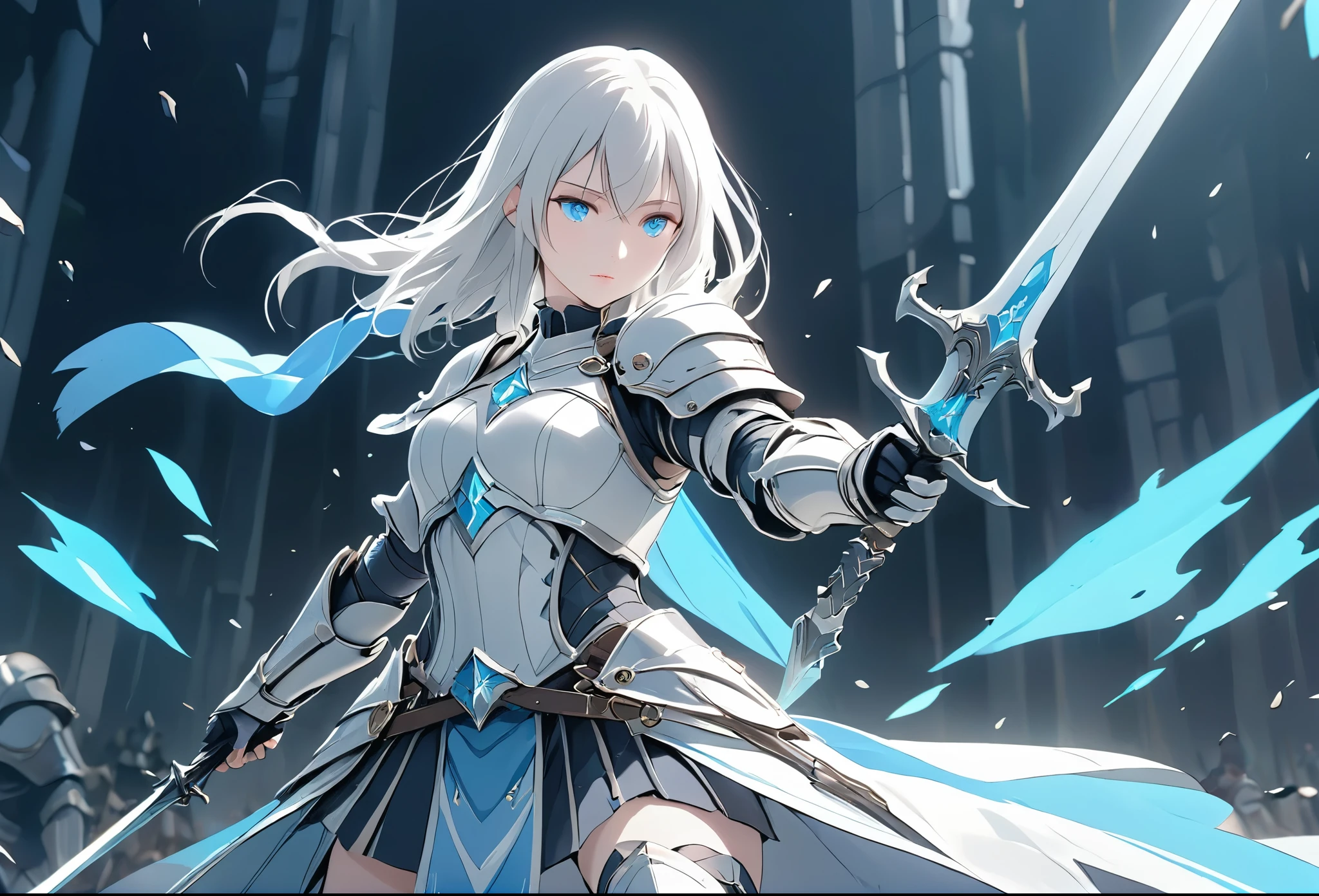 (anime style:1.4),超High resolution, Attention to detail, high quality, High resolution, 最high quality, 4K, 8K,posters、artwork、female knight、White armor with blue lines、bionde、Aquamarine Eyes、Swing the one-handed sword in your right hand back、Deathblow、Charge one-handed sword、A pale blue aura surrounds the body.,A pale white effect all over the body、クローズアップ