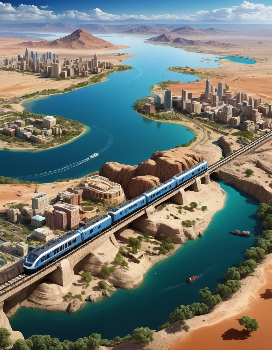 In a very modern realistic style, a schematic aerial view image of a train crossing a city, a desert, a valley., a jungle, a jungle , on a lake, the final destination being a lighthouse in the sea