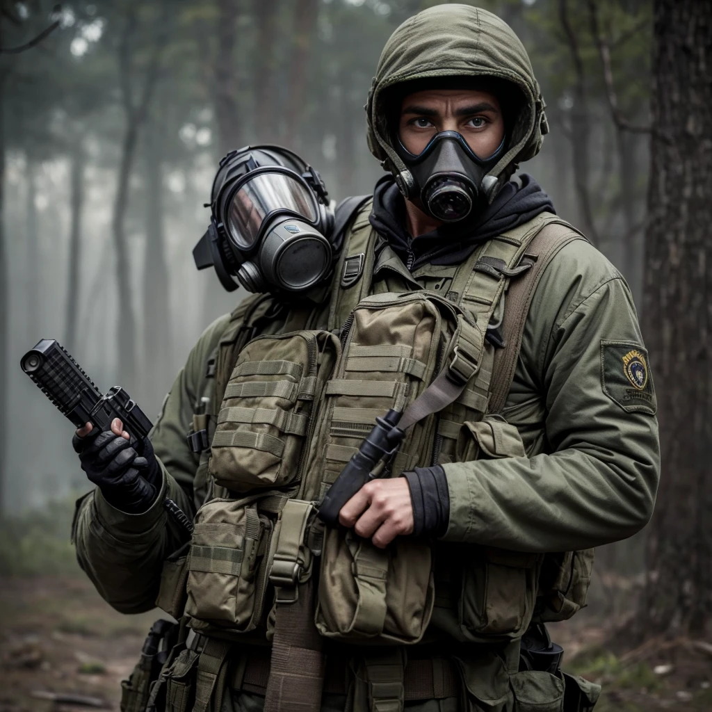 stalker, filthy, ragged, in a gas mask, faces not visible, tired look, In his right hand is a pistol, in the left hand there is a magical artifact, in military equipment, super high quality, Realism