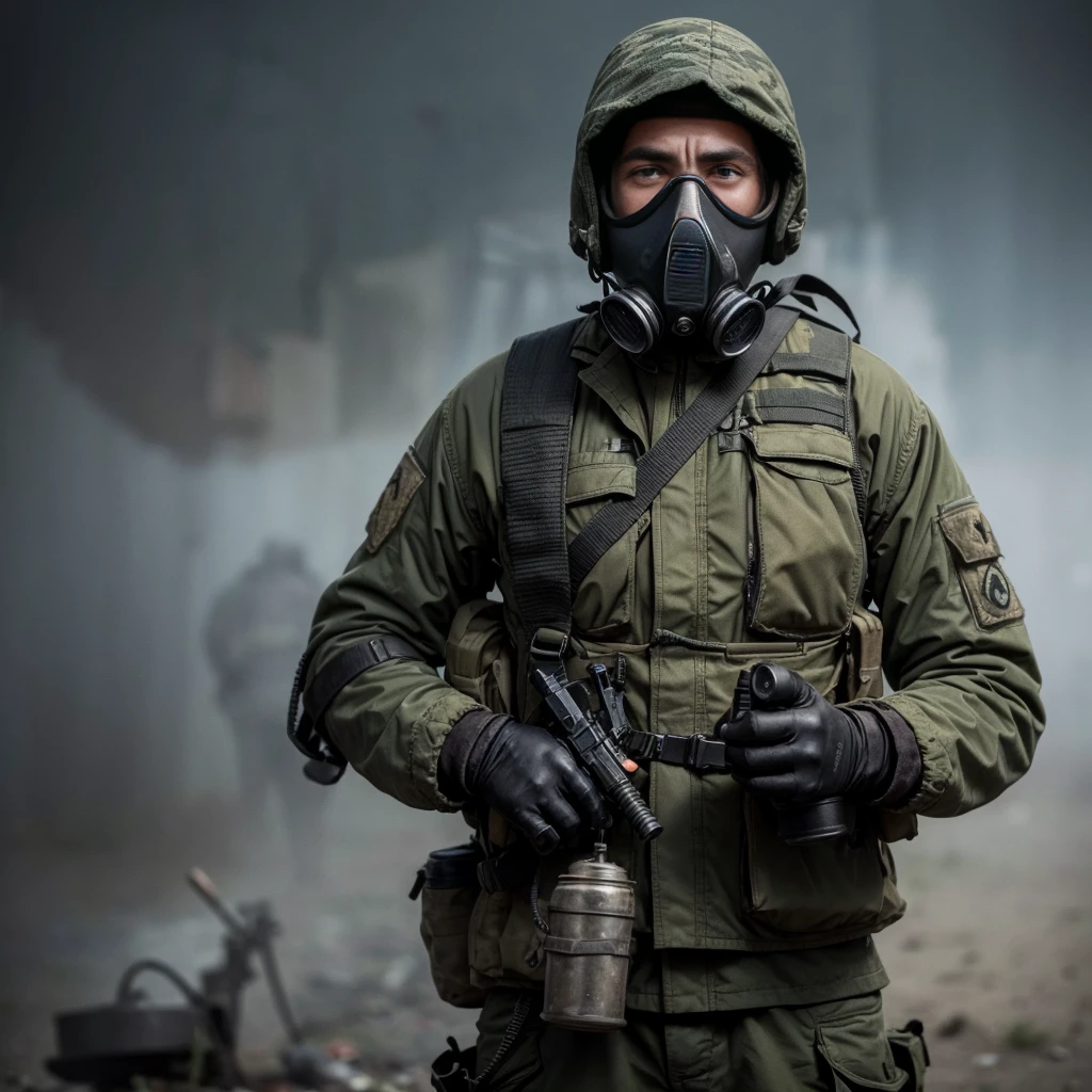 stalker, filthy, ragged, in a gas mask, faces not visible, tired look, In his right hand is a pistol, in the left hand there is a magical artifact, in military equipment, super high quality, Realism