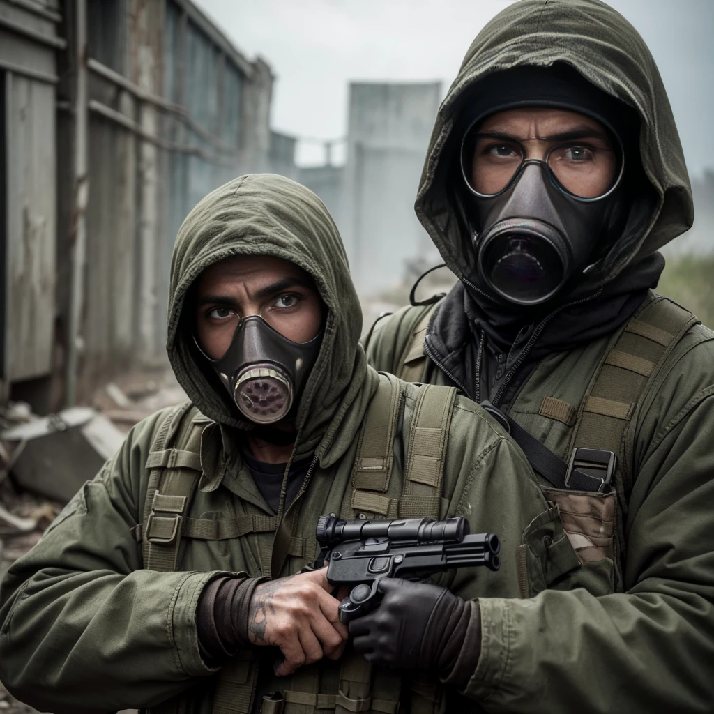 stalker, filthy, ragged, in a gas mask, faces not visible, tired look, In his right hand is a pistol, in the left hand there is a magical artifact, in military equipment, super high quality, Realism