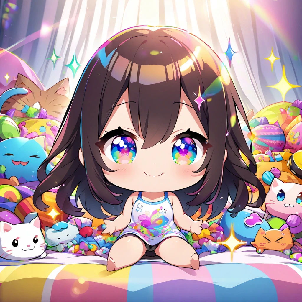 masterpiece, best quality, 4k、2D illustration、one beautiful girl、solo、(((chibi style)))、((vivid colors))、cute chibi、lovely chibi、long beautiful hair, glossy dark hair, hair between eyes, cute、beautifully detailed eyes、((tank top))、((miniskirt))、((colorful))、((happy smile))、sitting on bed、((full body shot))、((kitten)), ((lots of colorful stuff around))、((bed))、sparkle、((lens flare))、