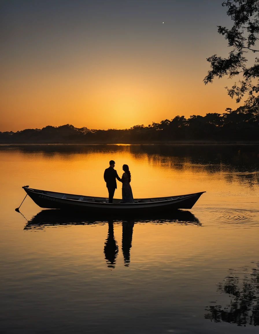 Afterimage, close, Vanishing Point, From above, 超High resolution, masterpiece, Attention to detail, high quality, Awards, 最high quality, 最high quality, High resolution, 16K，Golden Pond，sunset，Sparkling，（Backlit background of a couple on a boat） ，silhouette，Device:SonyA77(Standalone) [Sony（Sony）digital camera] lens:70-300mm debt4-5.6 SSM Time:2017-09-24 17:37:02 Shutter:1/8000 aperture:debt/6.3 debtocal length:300mm sensitivity:0