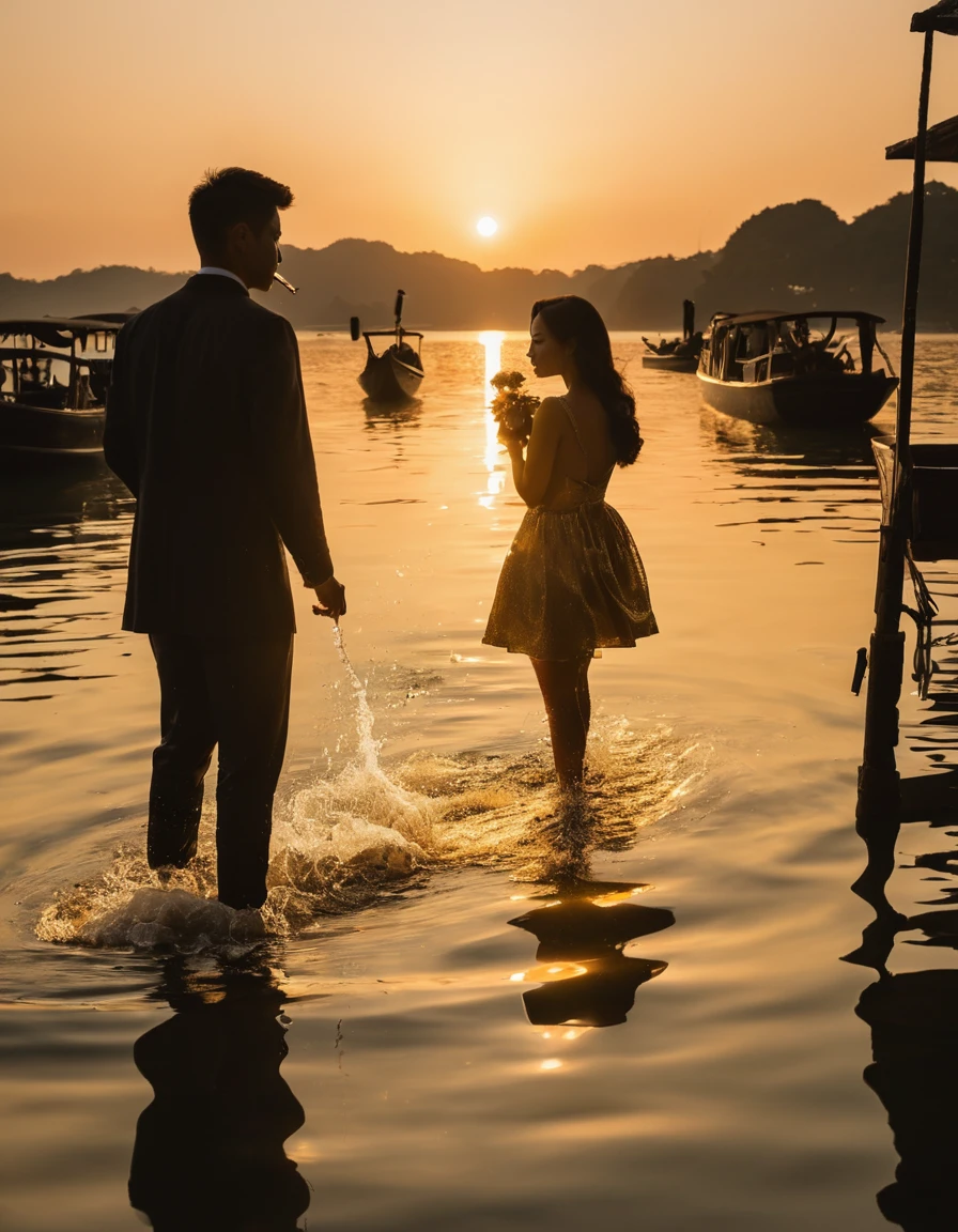 Afterimage, close, Vanishing Point, From above, 超High resolution, masterpiece, Attention to detail, high quality, Awards, 最high quality, 最high quality, High resolution, 16K，Golden Pond，sunset，Sparkling，（Backlit background of a couple on a boat） ，silhouette，Device:SonyA77(Standalone) [Sony（Sony）digital camera] lens:70-300mm debt4-5.6 SSM Time:2017-09-24 17:37:02 Shutter:1/8000 aperture:debt/6.3 debtocal length:300mm sensitivity:0
