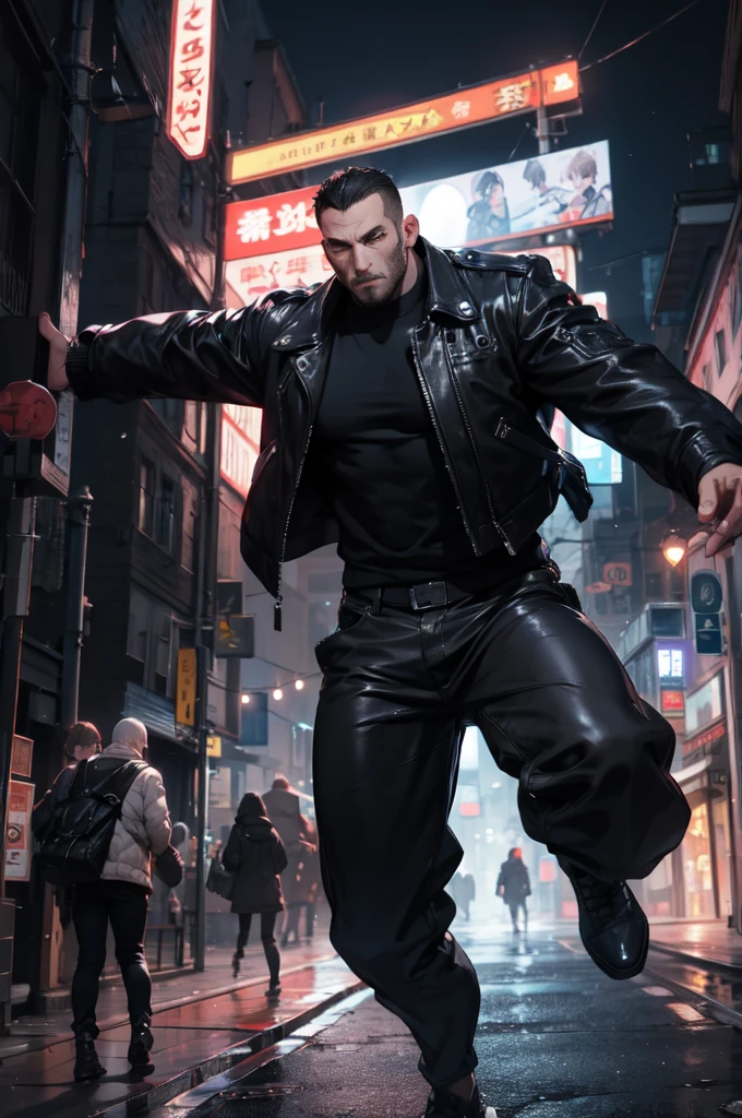City backstreet at night、Woman throws giant man、Expressionless、Wearing a black leather jacket and black leather pants、Dynamic pose