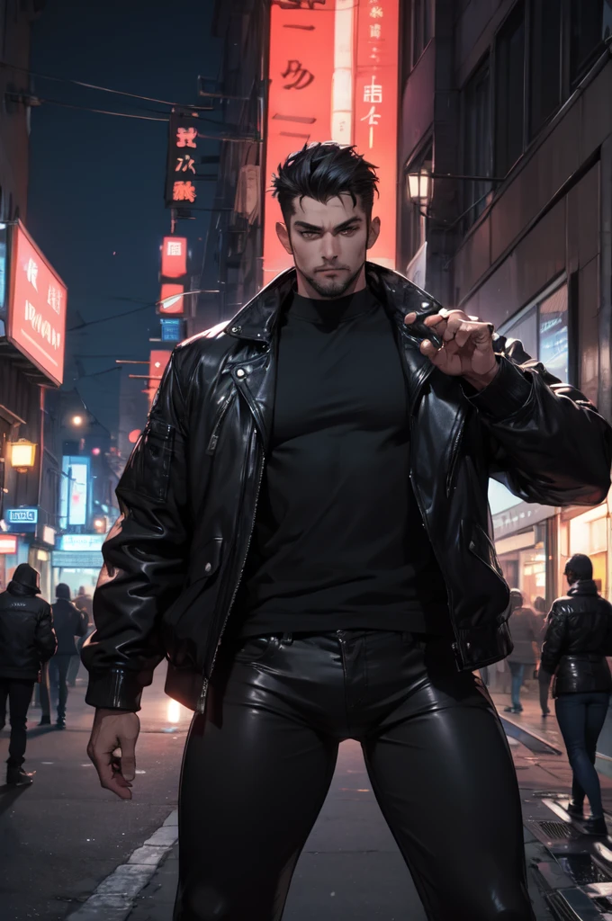 City backstreet at night、Woman throws giant man、Expressionless、Wearing a black leather jacket and black leather pants、Dynamic pose