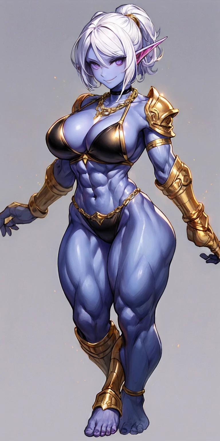 ((plain background:1.2, 1sologirl frontal body position looking to viewer straight symmetrical)) full body standing barefoot hands on waist navel, purple skin, drow, elf, Madura, Detailed happy face, purple eyes, white hair bob style, gold bikini, well defined six pack abs, Large knockers, black leather choker with gold cow bell, gold chain necklace, golden bracers on feet and arms, golden gloves