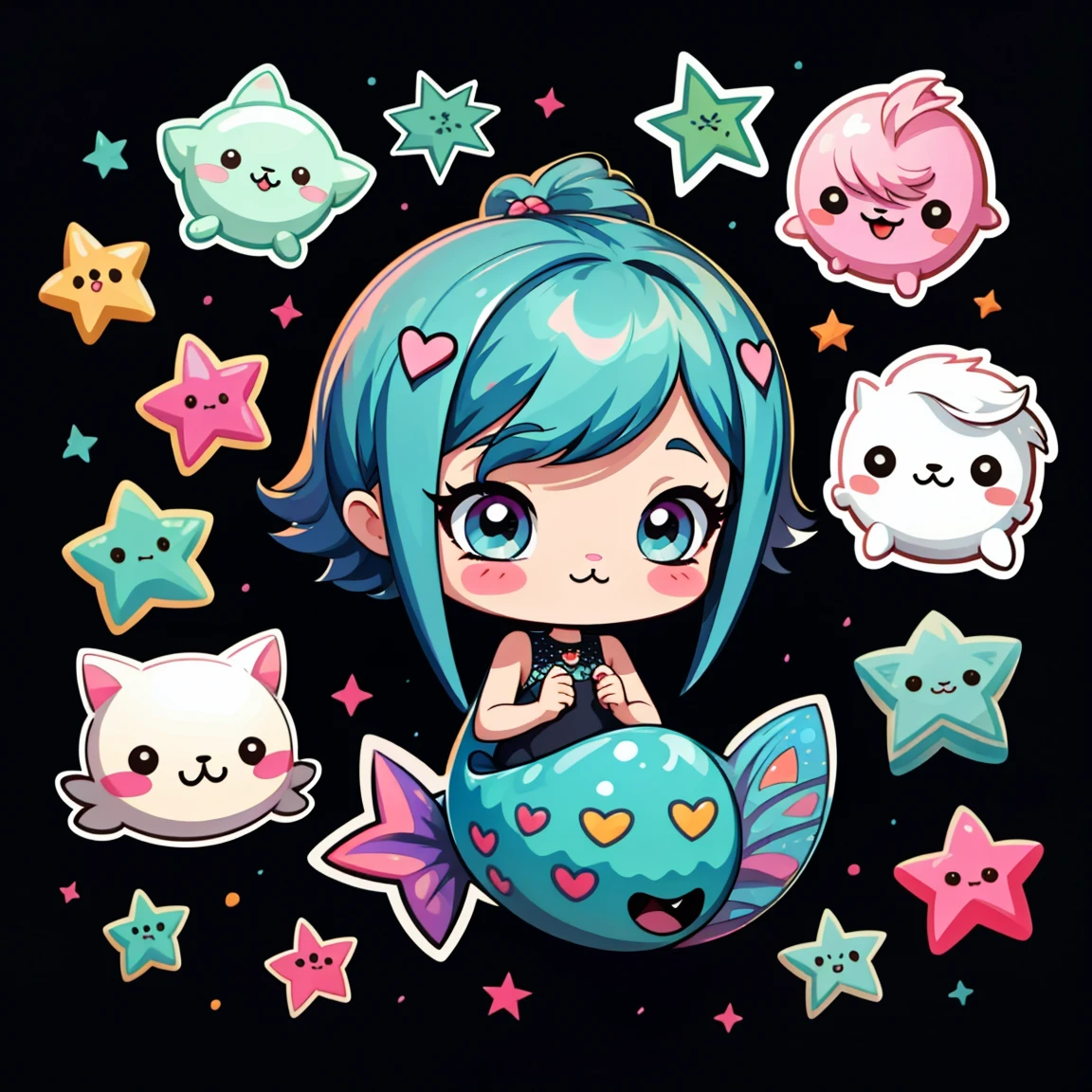goth style mermaid, a sticker,Adorable,kawaii,Adorable, black background,