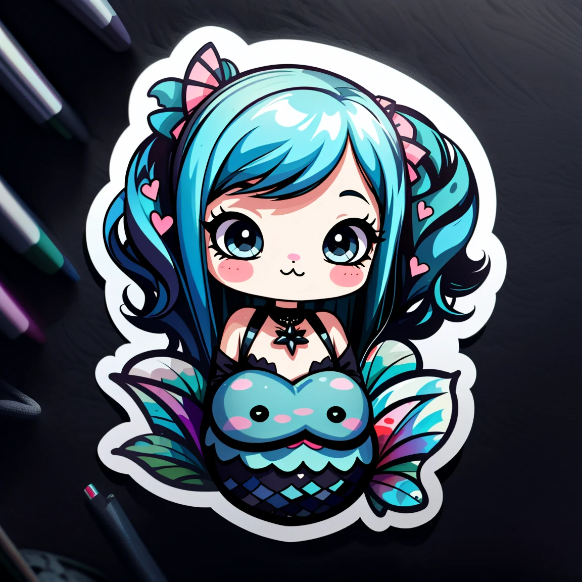 goth style mermaid, a sticker，Adorable，kawaii，Adorable, black background，