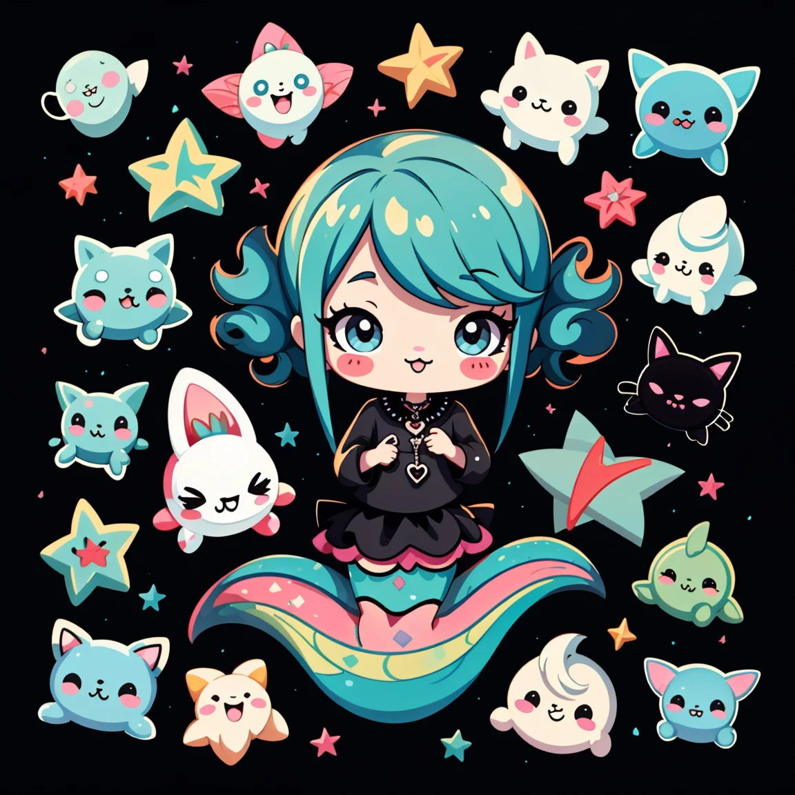 goth style mermaid, a sticker，Adorable，kawaii，Adorable, black background，