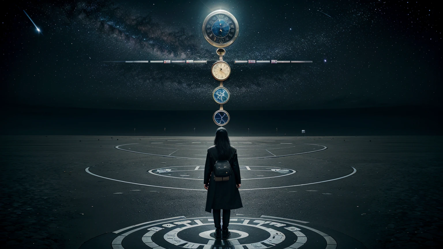 Show a person standing at a crossroads with various paths leading to different futures. Each path is labeled with different possibilities, and the person looks confused about which one to take. Above, a large cosmic clock ticks away, hinting that the future might already be written. Style: Surreal and thought-provoking, blending the mundane with cosmic elements.