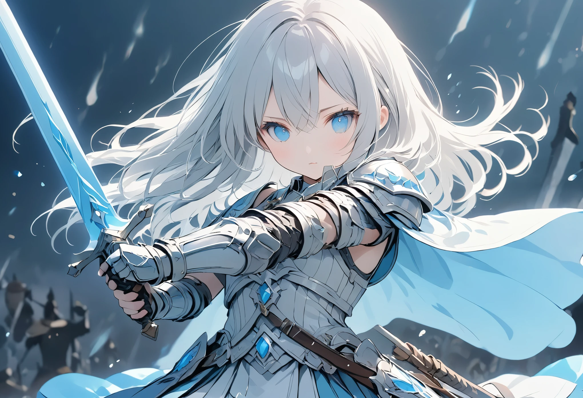 (anime style:1.4),超High resolution, Attention to detail, high quality, High resolution, 最high quality, 4K, 8K,posters、artwork、female knight、White armor with blue lines、bionde、Aquamarine Eyes、Swing the one-handed sword in your right hand back、Deathblow、Charge one-handed sword、A pale blue aura surrounds the body.,A pale white effect all over the body、クローズアップ