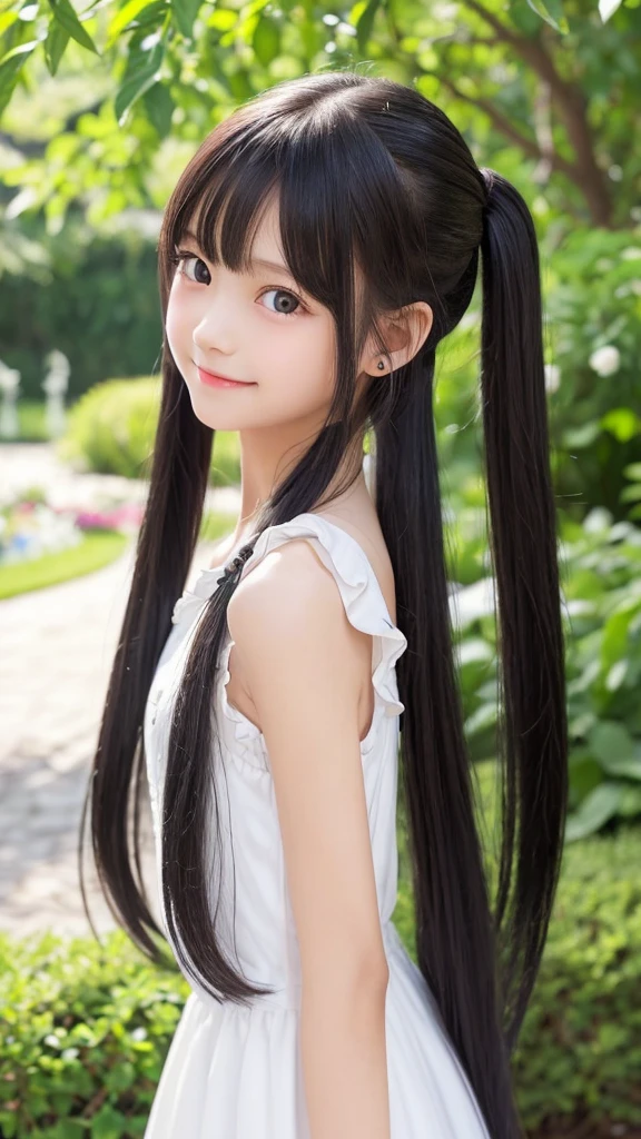 (Best Quality、Mastepiece:1.2)、One girl、Solo、Long Hair、Black Hair、Twin tails、Charm_Ear、Light Green Dress、Charm、12 years old、Highly detailed eyes and face、Eyes with beautiful details、Flower field、A shy smile.(Petite、Being thin、Slender:1.2)