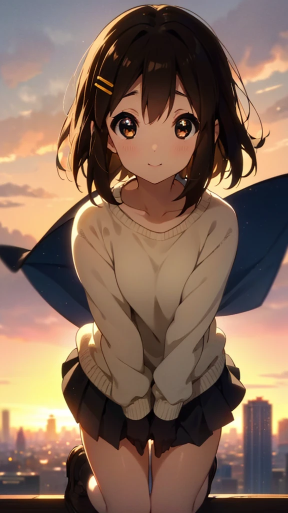 yuihirasawa, Yui Hirasawa, short hair, Brown Hair, hair ornaments, (Brown eyes:1.5),blush,smile,White oversized one-shoulder sweater,Black pleated skirt,White Pantyhose,short boots,Hair Clip,((Panties in full view))、smile、Overlooking the city from the top of the hill、Beautiful sunset、the wind is strong、whole bodyがイラストに入るように,
break otdoors, 丘
break looking at viewer, whole body、
break (masterpiece:1.2), Highest quality, High resolution, unity 8k wallpaper, (shape:0.8), (Beautiful and beautiful eyes:1.6), Highly detailed face, Perfect lighting, Extremely detailed CG, (Perfect hands, Perfect Anatomy),