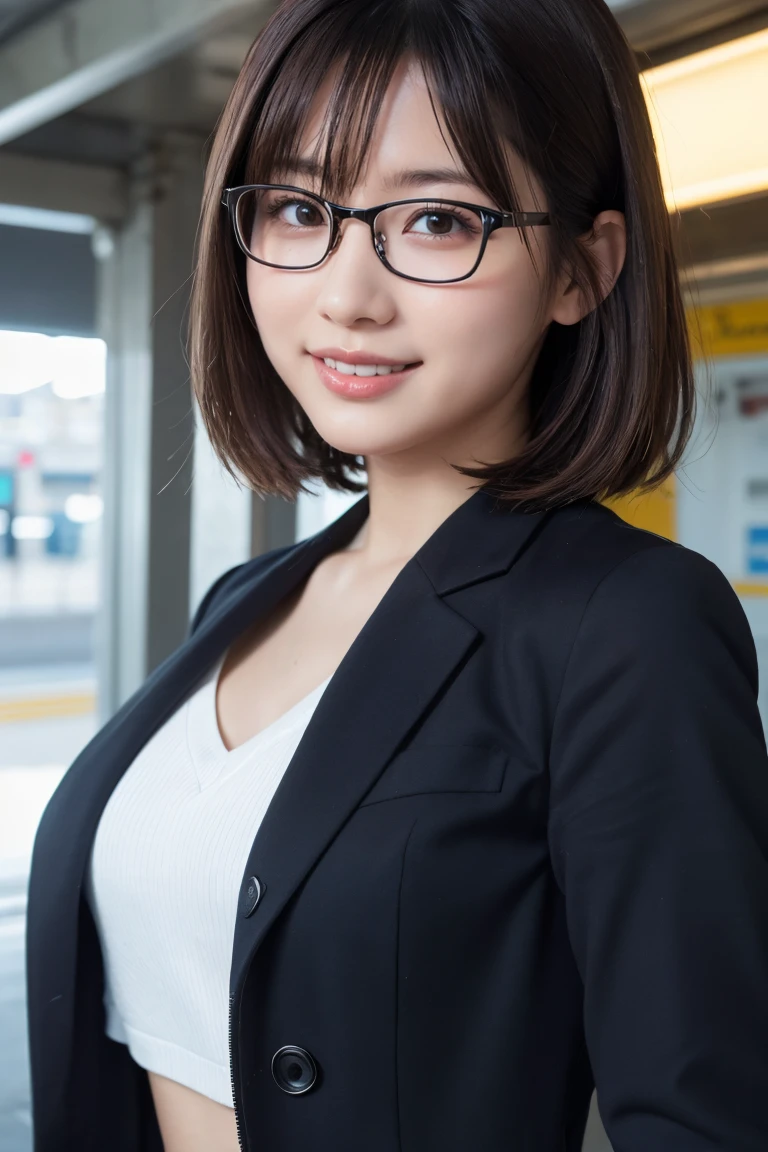 (8K、Raw photo、Highest quality、masterpiece:1.2)、(Realistic、Photorealistic:1.37)、Ultra-detailed、Ultra-high resolution、1 girl、Seeing the viewer、Beautifully detailed face、Laughter、narrow、(Slim waist) :1.3)、shortcut、Beautifully detailed skin、Skin Texture、Floating Hair、Professional Lighting、Waiting for the train on the platform、Black-rimmed square glasses 、Human whole body、Brown Hair