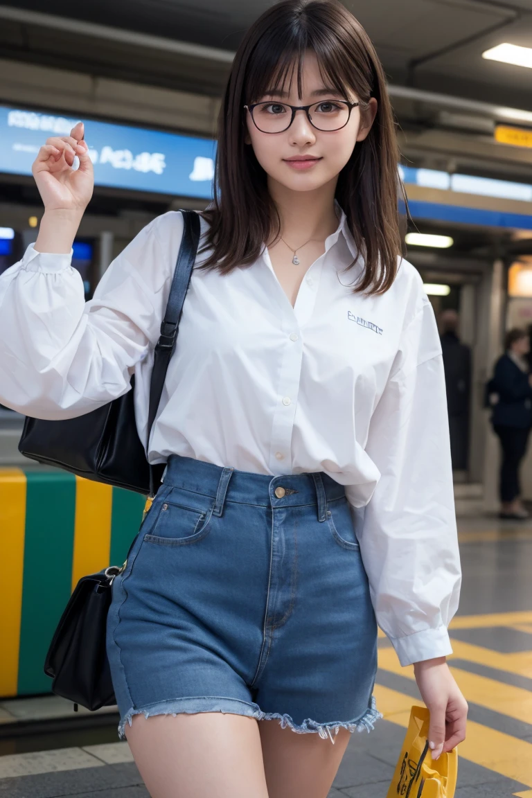 (8K、Raw photo、Highest quality、masterpiece:1.2)、(Realistic、Photorealistic:1.37)、Ultra-detailed、Ultra-high resolution、1 girl、Seeing the viewer、Beautifully detailed face、Laughter、narrow、(Slim waist) :1.3)、shortcut、Beautifully detailed skin、Skin Texture、Floating Hair、Professional Lighting、Waiting for the train on the platform、Black-rimmed square glasses 、Human whole body、Brown Hair