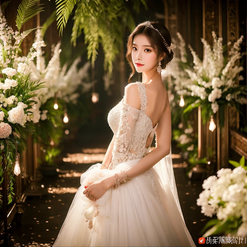 Generate an image of an extraordinarily beautiful 20-year-old Asian woman standing alone, whose beauty rivals that of a goddess of the fire element. She has large brown eyes, dark brown hair, glowing skin, and a captivating appearance. She is wearing a stunning white wedding dress that accentuates her elegance. The woman stands charmingly alone, her beauty appearing as if blessed by nature, in a very romantic and lovely aisle adorned with flowers and soft lighting, exuding a magical and serene atmosphere.