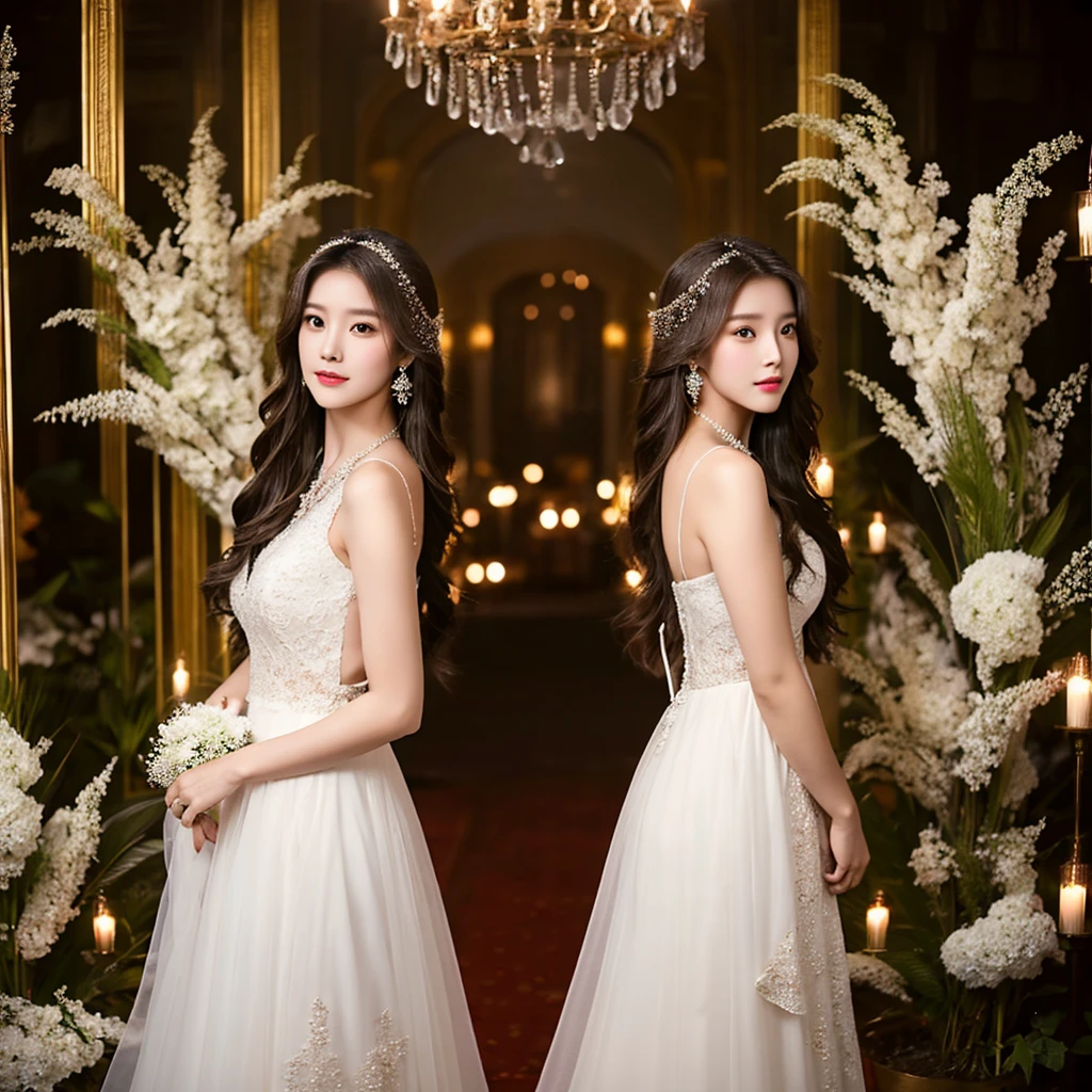 Generate an image of an extraordinarily beautiful 20-year-old Asian woman standing alone, whose beauty rivals that of a goddess of the fire element. She has large brown eyes, dark brown hair, glowing skin, and a captivating appearance. She is wearing a stunning white wedding dress that accentuates her elegance. The woman stands charmingly alone, her beauty appearing as if blessed by nature, in a very romantic and lovely aisle adorned with flowers and soft lighting, exuding a magical and serene atmosphere.