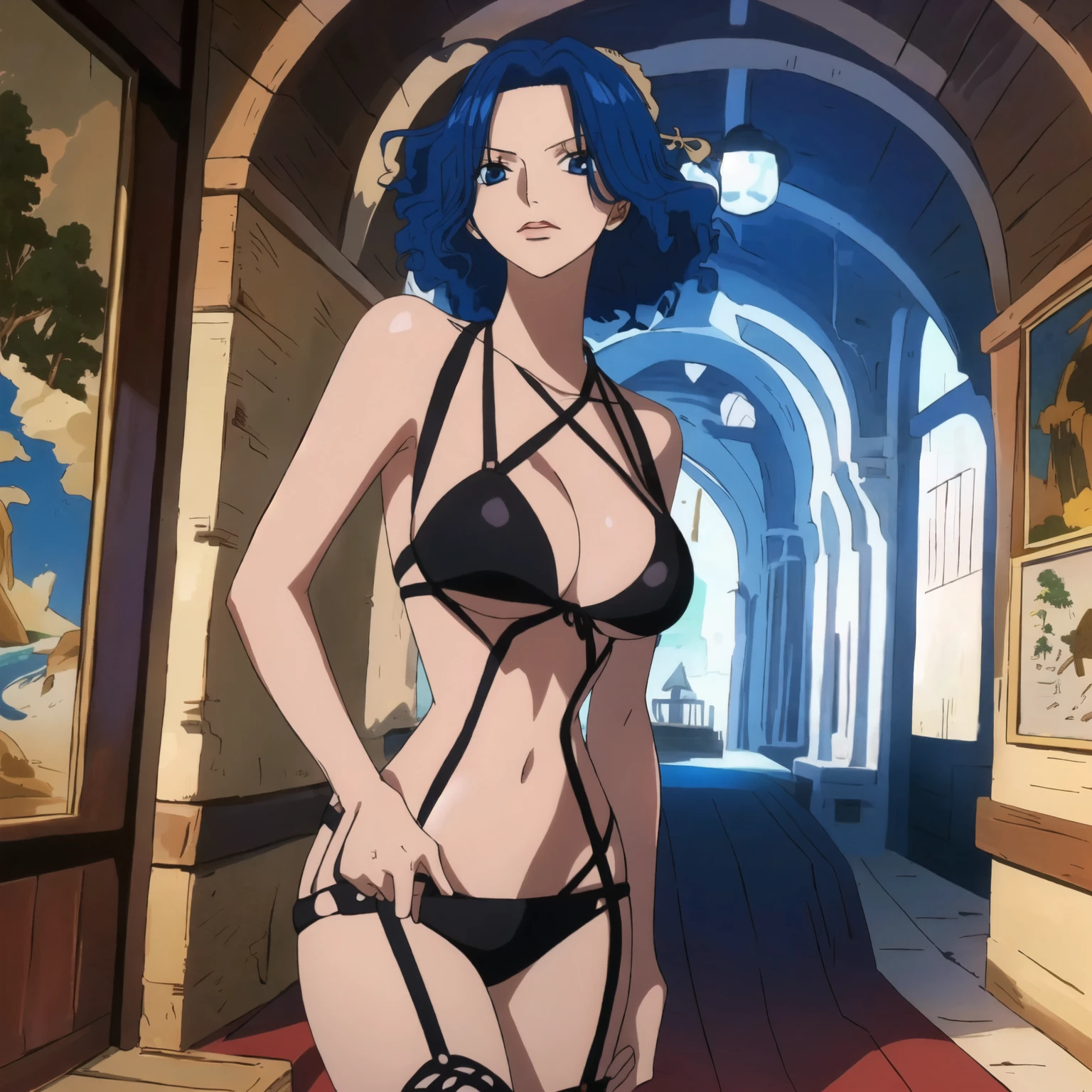 2d anime, woman, Miss Doublefinger from One Piece, blue hair, black bikini, sexy, fair skin, masterpiece, best quality