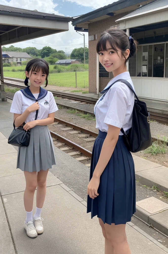 girls in rural railway station,Japanese train on far side,cumulonimbus cloud in summer sky,short-sleeved white shirt with sailor collar,navy blue pleated skirt,school bag,18-year-old,bangs,a little smile,thighs,knees,short hair with low pigtails bunches,from beside,front light